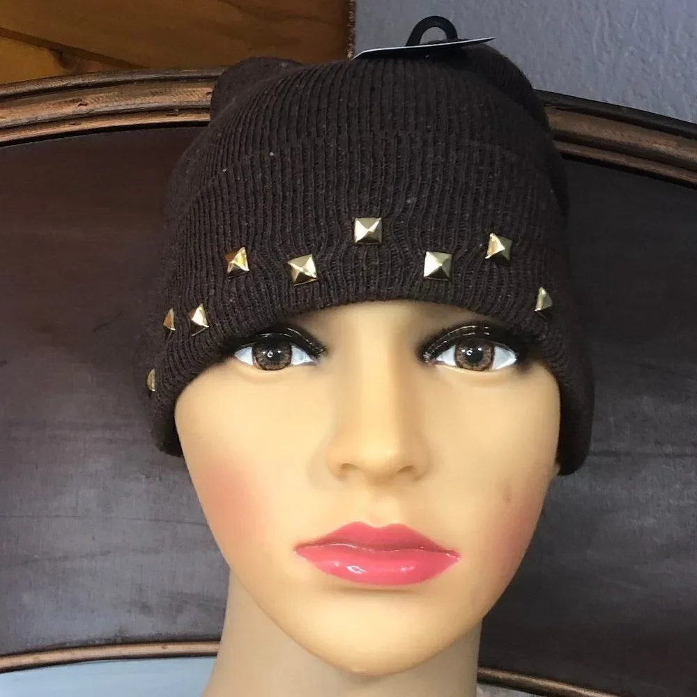 Brown Slouch Beanie with Gold Studs